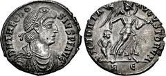 Theodosius I. AD 379-395. AR Heavy Miliarense (23mm, 5.06 g, 6h). Rome mint. Struck AD 379-383. D N THEODO SIVS P F AVG, pearl-diademed, draped, and cuirassed bust right / VICTORIA AVGVSTORVM, Victory