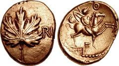 CELTIC, Atrebates & Regni. Verica. Circa AD 10-40. AV Stater (15mm, 5.32 g, 5h). Vine leaf type. Southern mint. Vine leaf; [VI to left], RI to right / Horseman with spear and shield on back, leaping f