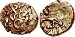 CELTIC, Iceni. Uninscribed. Circa 65-1 BC. AV Stater (18mm, 6.12 g, 8h). Norfolk Wolf (Icenian A) type. Head of Apollo right, devolved to wreath and crescents / Disjointed wolf right; pellet over cres