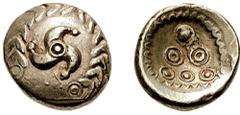 CELTIC, Central Europe. Vindelici. Early 1st century BC. AV Stater (7.09 gm). Estimate $2000 CELTIC, Central Europe. Vindelici. Early 1st century BC. AV Stater (7.09 gm). Triskeles in wreath / Pyramid