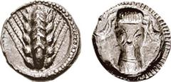 LUCANIA, Metapontion. Circa 470-440 BC. AR Triobol (1.24 gm, 6h). Estimate $250 LUCANIA, Metapontion. Circa 470-440 BC. AR Triobol (1.24 gm, 6h). Ear of barley with six grains / Incuse bucranium. Noe 