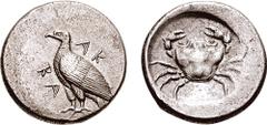 SICILY, Akragas. Circa 482-472 BC. AR Didrachm (8.42 gm, 12h). Estimate $1500 SICILY, Akragas. Circa 482-472 BC. AR Didrachm (8.42 gm, 12h). AK-RA, eagle standing left / Crab. Jenkins, Gela, Group IV;