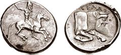 SICILY, Gela. Circa 510-500 BC. AR Didrachm (8.68 gm, 12h). Estimate $2000  SICILY, Gela. Circa 510-500 BC. AR Didrachm (8.68 gm, 12h). Nude warrior on horseback right, wearing conical cap and brandis