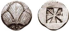 SICILY, Selinos. Circa 540-515 BC. AR Didrachm (9.05 gm, 12h). Estimate $1000 SICILY, Selinos. Circa 540-515 BC. AR Didrachm (9.05 gm, 12h). Selinon leaf; two pellets below / Incuse square divided int
