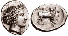 MACEDON, Aineia. Circa 4th century BC. AR Tetradrachm (14.11 gm, 4h). Estimate $15000 MACEDON, Aineia. Circa 4th century BC. AR Tetradrachm (14.11 gm, 4h). Head of a nymph right, wearing wreath of gra