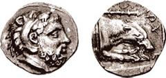 KINGS of MACEDON. Archelaos. 413-399 BC. AR Diobol (0.90 gm, 4h). Aigai mint. Estimate $300  KINGS of MACEDON. Archelaos. 413-399 BC. AR Diobol (0.90 gm, 4h). Aigai mint. Bearded head of Herakles righ