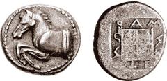 THRACE, Maroneia. Circa 480-430 BC. AR Didrachm (7.25 gm, 8h). Estimate $1000  THRACE, Maroneia. Circa 480-430 BC. AR Didrachm (7.25 gm, 8h). Forepart of horse left / MAR-WN-ITE-WN (retrograde) around