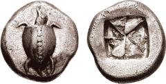 ISLANDS off ATTICA. Aegina. Circa 510-485 BC. AR Stater (12.01 gm). Estimate $2500 ISLANDS off ATTICA. Aegina. Circa 510-485 BC. AR Stater (12.01 gm). "Proto-tortoise" turtle with head in profile, thi