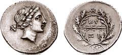 MYSIA, Kyzikos. Circa 170-150 BC. AR Didrachm (7.08 gm, 12h). Estimate $2000 MYSIA, Kyzikos. Circa 170-150 BC. AR Didrachm (7.08 gm, 12h). Head of Kore right, wearing oak wreath / KY-ZI, thunderbolt w