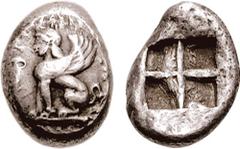 ISLANDS off IONIA. Chios. Circa 431-412 BC. AR Didrachm (7.81 gm, 12h). Estimate $750 ISLANDS off IONIA. Chios. Circa 431-412 BC. AR Didrachm (7.81 gm, 12h). Sphinx seated left, amphora before; all wi