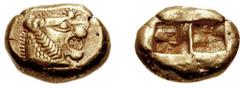 KINGS of LYDIA. Uncertain King. Early 6th century BC. EL Third Stater - Trite (4.73 gm). Estimate $750 KINGS of LYDIA. Uncertain King. Early 6th century BC. EL Third Stater - Trite (4.73 gm). Head of 