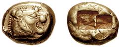 KINGS of LYDIA. Uncertain King. Early 6th century BC. EL Third Stater - Trite (4.71 gm). Estimate $500 KINGS of LYDIA. Uncertain King. Early 6th century BC. EL Third Stater - Trite (4.71 gm). Head of 