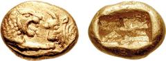 KINGS of LYDIA. Time of Kroisos. Circa 561-546 BC. AV Third Stater (2.70 gm). Sardes mint. Light series. Estimate $2000 KINGS of LYDIA. Time of Kroisos. Circa 561-546 BC. AV Third Stater (2.70 gm). Sa