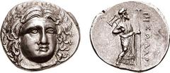 SATRAPS of CARIA. Pixodaros. 340-334 BC. AR Didrachm (7.04 gm, 12h). Estimate $750 SATRAPS of CARIA. Pixodaros. 340-334 BC. AR Didrachm (7.04 gm, 12h). Head of Apollo facing slightly right, wearing la
