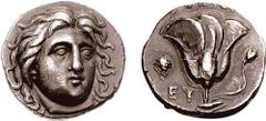 ISLANDS off CARIA, Rhodos, Rhodes. Circa 304-275 BC. AR Didrachm (6.86 gm, 12h). Estimate $1000 ISLANDS off CARIA, Rhodos, Rhodes. Circa 304-275 BC. AR Didrachm (6.86 gm, 12h). Radiate head of Helios 