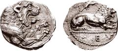 CYPRUS, Amathos. Evagoras I. 411-374 BC. AR Stater-Didrachm (6.68 gm, 12h). Estimate $2500 CYPRUS, Amathos. Evagoras I. 411-374 BC. AR Stater-Didrachm (6.68 gm, 12h). Lion reclining right, paw raised;