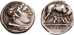 Anonymous. 269-266 BC. AR Didrachm (6.85 gm, 9h). Estimate $1000  Anonymous. 269-266 BC. AR Didrachm (6.85 gm, 9h). Diademed head of Hercules right, club and lion's skin over shoulder / She-wolf stand