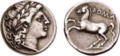 Anonymous. 234-231 BC. AR Didrachm (6.52 gm, 4h). Estimate $1000 Anonymous. 234-231 BC. AR Didrachm (6.52 gm, 4h). Laureate head of Apollo right / Horse galloping left; ROMA above. Crawford 26/1; Syde