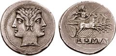 Anonymous. 225-212 BC. AR Didrachm or Quadrigatus (6.56 gm, 5h). Rome mint. Estimate $750 Anonymous. 225-212 BC. AR Didrachm or Quadrigatus (6.56 gm, 5h). Rome mint. Laureate head of Janus; curved tru