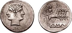 Anonymous. 225-212 BC. AR Didrachm or Quadrigatus (6.61 gm, 7h). Rome mint. Estimate $750 Anonymous. 225-212 BC. AR Didrachm or Quadrigatus (6.61 gm, 7h). Rome mint. Laureate head of Janus; curved tru