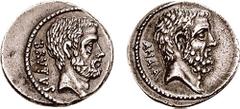Q. Servilius Caepio Brutus (M. Junius Brutus). 54 BC. AR Denarius (4.05 gm, 6h). Rome mint. Estimate $500 Q. Servilius Caepio Brutus (M. Junius Brutus). 54 BC. AR Denarius (4.05 gm, 6h). Rome mint. BR