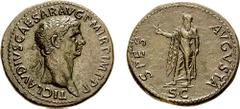 CLAUDIUS. 41-54 AD. Æ Sestertius (30.23 gm, 7h). Rome mint. Estimate $2000  CLAUDIUS. 41-54 AD. Æ Sestertius (30.23 gm, 7h). Rome mint. TI CLAVDIVS CAESAR AVG P M TR P IMP P P, laureate head right / S