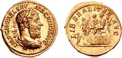 MACRINUS.1217-218 AD. AV Aureus (7.51 gm, 6h). Struck 218 AD. Estimate $25000 MACRINUS.217-218 AD. AV Aureus (7.51 gm, 6h). Struck 218 AD. IMP C M OPEL SEV MACRINVS AVG, laureate, draped, and cuirasse