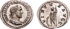 GORDIAN II. 238 AD. AR Denarius (2.62 gm, 6h). Estimate $2500 GORDIAN II. 238 AD. AR Denarius (2.62 gm, 6h). IMP M ANT GORDIANVS AFR AVG, laureate, draped, and cuirassed bust right, seen from behind /