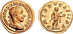 GORDIAN III. 238-244 AD. AV Aureus (5.04 gm, 12h). Struck 242 AD. Estimate $4000 GORDIAN III. 238-244 AD. AV Aureus (5.04 gm, 12h). Struck 242 AD. IMP GORDIANVS PIVS FEL AVG, laureate, draped, and cui