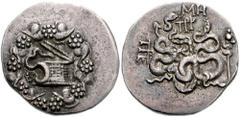 MYSIA, Pergamon. Circa 133-67 BC. AR Cistophoric Tetradrachm (26mm, 11.98 gm). Struck circa 104-98 BC. Cista mystica with serpent; all within ivy wreath / Bow-case with serpents; MH above, thyrsos rig
