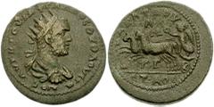 CILICIA, Anazarbus. Volusian. 251-253 AD. Æ 25mm (9.80 gm). Dated year 271 (252/253 AD). Radiate, draped and cuirassed bust right, seen from behind / Nike, holding wreath and palm, driving galloping b