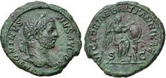 Caracalla. AD 198-217. Æ As (27mm, 9.37 g, 12h). British Victory type. Rome mint. Struck AD 210-211. Laureate head right / Victory standing right, with foot on uncertain object, inscribing shield set 