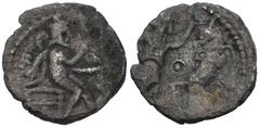 SAMARIA, “Middle Levantine” Series. Circa 375-333 BC. AR Hemiobol (8.5mm, 0.39 g, 6h). Dated year 14 of an uncertain era. Figure wearing Persian dress seated right, holding arrow; date (in Phoenician)