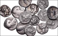 GREEK. Magna Graecia & Sicily. Lot of fourteen (14) AR drachms. Includes: Mostly issues of Tarentum (10). Lot also includes four drachms of Velia . Coins Fair-VF, one Tarentum broken into two pieces a