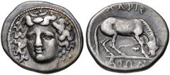 THESSALY, Larissa. Circa 356-342 BC. AR Drachm (19.5mm, 5.93 g, 6h). Head of the nymph Larissa facing slightly left, hair in ampyx / Horse standing right, preparing to lie down. Lorber, Hoard, Group L