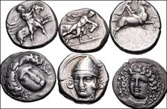 THESSALY. Lot of six (6) AR Drachms of Larissa. Includes: 1) Thessalos bringing down bull to right // Bridled horse right. 2) Similar to last. 3) Helmeted head of Aleuas facing slightly left / Eagle s