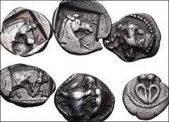 THESSALY. Lot of six (6) silver coins of Larissa. Includes: 1) AR Obol. Forepart of bull left, head facing, being restrained by youth / Head and neck of horse right. Liampi 1 (V1/R1). 2) AR Obol. As l