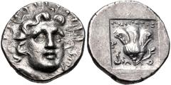 ISLANDS off CARIA, Rhodos. Rhodes. Circa 125-88 BC. AR Hemidrachm (12mm, 1.26 g, 1h). ‘Plinthophoric’ coinage. Timokrates, magistrate. Radiate head of Helios facing slightly right / Rose with bud righ