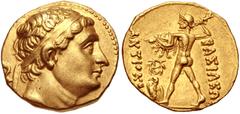 BAKTRIA, Greco-Baktrian Kingdom. Diodotos I Soter. Circa 255-235 BC. AV Stater (18mm, 8.28 g, 6h). In the name of Antiochos II of Syria. Mint A (near Aï Khanoum). Diademed head right / Zeus Bremetes, 
