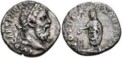 Pertinax. AD 193. AR Denarius (16mm, 2.57 g, 5h). Rome mint. Laureate head right / Pertinax standing left, holding volumen and sacrificing out of patera over tripod to left. RIC IV 13a; RSC 56. Near V