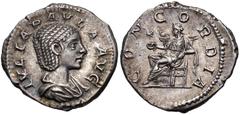 Julia Paula. Augusta, AD 219-220. AR Denarius (20mm, 3.03 g, 12h). Rome mint. Struck under Elagabalus, AD 220. Draped bust right / Concordia seated left, holding patera; star to left. RIC IV 211 (Elag