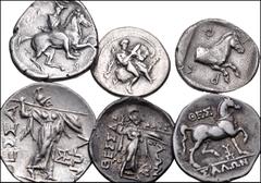 THESSALY. Lot of six (6) silver coins. Includes: Pharkadon. AR Hemidrachm // Pharsalos. AR Drachm // Trikka. AR Hemidrachm // Thessalian League. AR Stater // Same. AR Drachm (2). Near VF–VF, some roug