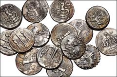 ELECTROTYPES, Miscellaneous. Lot of fifteen (15) “Roman Republican AR denarii” electrotypes. Unsigned uniface British Museum specimens, by Robert Ready or his sons. Group of uniface obverses and rever