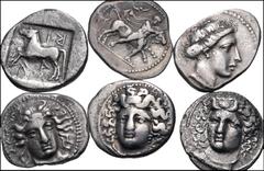 THESSALY. Lot of six (6) AR Drachms of Larissa. Includes: Thessalos bringing down bull right / Horse galloping left // Thessalos bringing down bull right / Horse galloping right // Head of the nymph L
