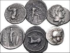 THESSALY. Lot of six (6) silver fractions. Includes: Kierion. AR Obol // Perrhaiboi. AR Obol // Same. AR Hemiobol. Rare // Phalanna. AR Trihemiobol // Pharkadon. AR Obol // Skotussa. AR Trihemiobol. R