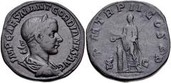 Gordian III. AD 238-244. Æ Sestertius (30mm, 20.09 g, 12h). Rome mint, 6th officina. 3rd emission, AD 239. Laureate, draped, and cuirassed bust right / P M TR P II COS P P, Gordian standing left, hold