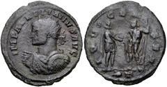 Aurelian. AD 270-275. Antoninianus (21.5mm, 2.96 g, 12h). Siscia mint, 3rd officina. 5th emission, AD 271-272. Radiate, draped, and cuirassed bust left, holding shield / Aurelian standing right, holdi