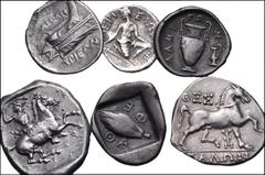 THESSALY. Lot of six (6) silver coins. Includes: DEMETRIAS. AR Tetrobol // KIERION. AR Trihemiobol // LAMIA. AR Hemidrachm // PHARSALOS. AR Drachm // THESSALIAN LEAGUE. AR Drachm // AR Hemidrachm. Goo