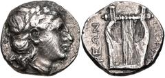 MEGARIS, Megara. Circa 250 BC. AR Drachm (16mm, 4.00 g, 7h). Laruerate head of Apollo right / Kithara. BCD Peloponnesos 16 var. (orientation of ethnic); HGC 4, 1789. VF, toned, harshly cleaned, deposi