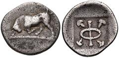 PHLIASIA, Phlious. Circa 400-350 BC. AR Trihemiobol (13mm, 1.15 g). Bull butting left, head facing; I above / Large Φ surrounded by four grape bunches; all in shallow incuse square. BCD Peloponnesos 1
